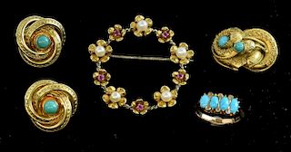 A pair of gold and turquoise clip on earrings in 14ct gold, turquoise and diamond four stone ring, 18ct gold wreath brooch se