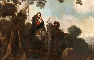 Roman school of the 18th century, the holy family on the flight to Egypt. Scene embedded in an Italian landscape with Joseph carrying a sack full of c