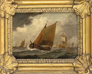 Anonymous marine painter of the 18th century, seascape with numerous ships, oil on wood, unsigned, 10,5 x 14 cm, framed 21 x 24 cm
