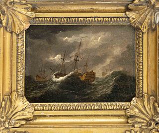 Anonymous marine painter of the 18th century, Seascape with three ships in a storm, oil on wood, unsigned,10 x 14,5 cm, framed 21 x 24 cm