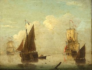 Francis Swaine (c.1720-1782) (attrib.), English marine painter, Sailing ships on a calm sea, oil on copper plate, unsigned, 21 x 26 cm, framed 32 x 37