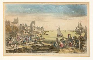 French peep-sheet c. 1780, ''Vue du Port et des Chantiers du Havre'', col. copperplate engraving with french border, 24 x 44 cm, framed behind glass a