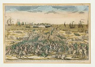 French peep-sheet about 1780, ''Vue de la Bataille pres le Tage en Portugal'', col. copperplate engraving with french border, 24 x 44 cm, framed behin