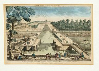 French peep-sheet c. 1780, ''La grande Ecluse et le Pavillon de Manse'', col. copperplate engraving with french border, 27 x 40 cm, framed behind glas