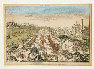 French peep-sheet c. 1780, ''La Foire de Beaucaire'', col. copperplate engraving with french border, 30 x 42 cm, framed behind glass and passepartout 