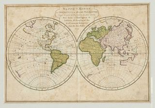 Set of three maps and views of the 18th century: World map ''Mappe Monde'', part col. Kupfer von Krevelt, 1773, stained, ''Plan der Reichsstadt Bremen
