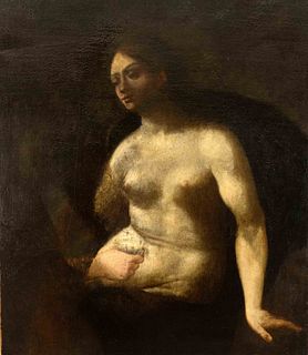 Italian painter of the 17th century, female nude with fragmentary figure at the left margin, oil on canvas, doubled, restored and retouched, 98 x 84 c