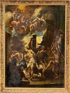 Italian Old Master 1st half 18th century, multi-figure biblical scene. Rare depiction of Christ with three sinners at the scourging column, watched by