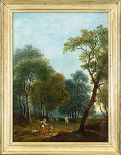 German painter c. 1800, woodland with figure staffage, oil on canvas, unsigned, retouched, 48 x 36 cm, framed 57 x 44 cm