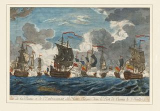 French peep-sheet c. 1780, naval battle against the Turks 1770, ''Vue de la Ruine, et de l'Embrasment des Flottes Turques dans le Port de Cismin le 7.
