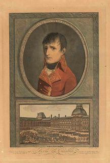 Charles FranÃ§ois Gabriel Levachez (active 1760-1820) after Boilly. Portrait of Napoleon with view of a military parade, col. Aquatint, browned, 43 x 