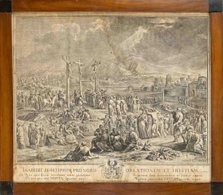 Wenzeslaus Daniela Gutwein after Joan Ad. Miller, large crucifixion, rare, multi-figure copper engraving circa 1740, with Latin script border, spotted