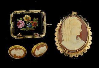Victorian micro mosaic and  portrait cameo brooches, both unmarked gold and a pair of later cameo earrings, marked 9 ct