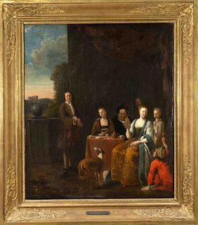 Richard Brakenburgh (1650-1702), Haarlem genre painter, courtly company having tea on a terrace overlooking a landscape. Especially with regard to the