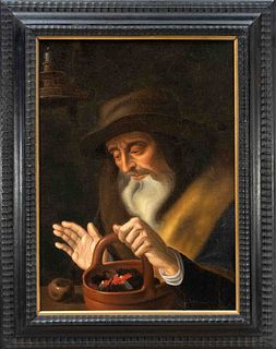 Anonymous Old Master c. 1700, old man with a bowl with handles, holding out his hand for an apple, on the upper left an extinguished candle, oil on ca