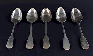 Five George III and later Irish and English silver fiddle pattern tablespoons, various dates and marks, 11oz, 342g,
