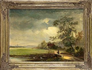 Anonymous landscape painter c. 1870, Thunderstorm atmosphere over a landscape with bridge and staffage figure, oil on canvas, unsigned, 34 x 49 cm, fr
