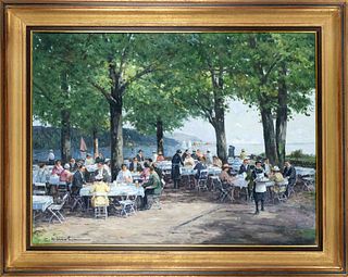 Karl Mohr (1922-2013), multi-figure, large beer garden scene on the lake shore, oil on canvas, signed lower left, 60 x 80 cm, framed 76 x 96 cm