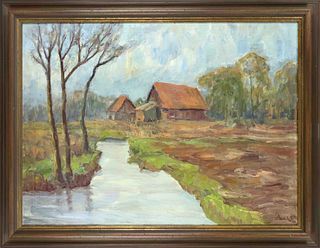 Monogramist ''A'', painter c. 1930, impressionistic autumn landscape with farmhouses and canal, oil on canvas, monogrammed & dated ''A. 29'' lower rig