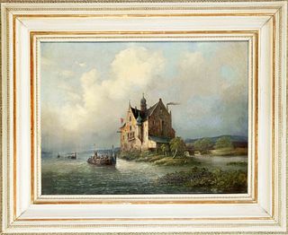 German late Romantic c. 1860, river landscape with moated castle from whose balcony women wave to passing soldiers. Oil on canvas, lower right indisti