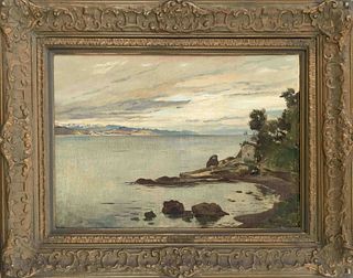 Albert Hertel (1843-1912), was a student at the Berlin Art Academy, where he later taught landscape painting himself, 'Seeuferlandschaft', oil/canvas,