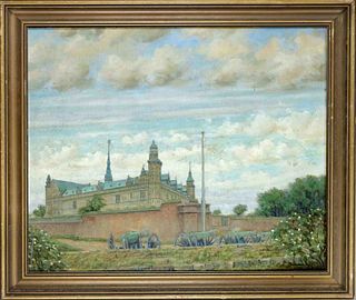 Ubnidentified painter c. 1950, view of Frederiksborg Castle in Denmark, oil on canvas, indistinctly signed & dated ''Basl...'' at lower right, rubbed,