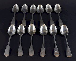 Set of six George III Irish silver fiddle pattern dessert spoons, by Lawrence Nowlan, Dublin, 1815, and six English silver fi