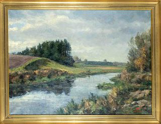 Monogrammed JPF, painter c. 1970, Autumn landscape with stream in the style of the 19th century, oil on canvas, monogrammed and dated ''JPF 19-T-75'',