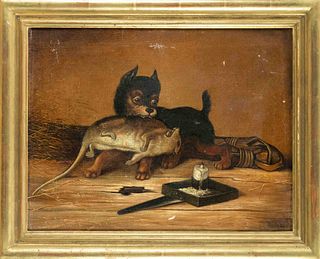 Monogramist HR, English painter late 19th c., painting on the theme of the London rat plague, small dog with a rat in its mouth next to an extinguishe