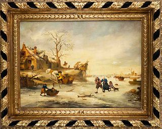 Monogramist F.M.K., 1st half 20th c., Dutch winter scene with ice skaters in 17th c. style, oil on canvas, monogrammed on lower margin, craquelÃ©, min