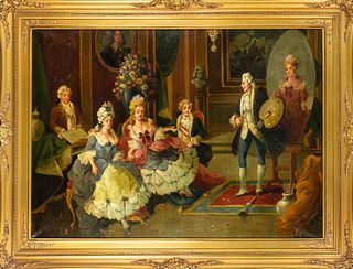 H.D. Espinoza, genre painter mid 20th c., rococo society in a salon with portraying painter at easel, oil on canvas, signed lower l., 60 x 85 x cm, fr