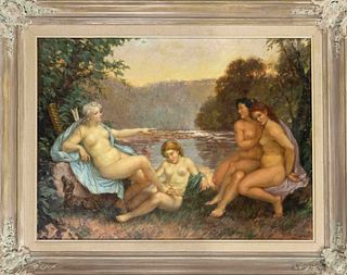 signed HÃ¤kÃ¶, 1st half 20th c., Bathing Diana with female nudes, oil on canvas marouflaged on hardboard, signed ''HÃ¤kÃ¶'' (?) lower right, 54 x 74 c