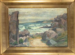 Andreas Moe (1877-1952), Sea surf on rocky coast, oil on canvas, signed & dated 1917 lower right, 45 x 66 cm, framed 64 x 85 cm