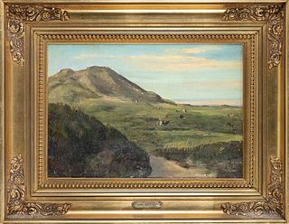 Hans Agersnap (1857-1925), hilly coastal landscape with grazing cows, oil on canvas, bottom left indistinctly signed, inscribed on frame plaque, rubbe