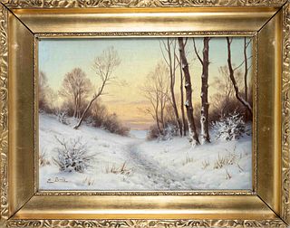 E. Lind, Danish painter 1st half 20th c., Winter landscape in the evening light, oil on canvas, signed lower left, 32 x 45 cm, framed 45 x 58 cm