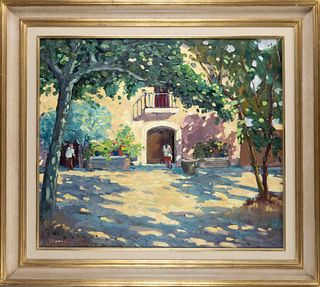 signed Ponga, probably Italian painter late 20th century, impressionistic summer idyll with country house and figural scenery, oil on canvas, indistin