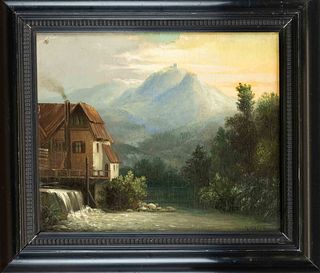 G. Morell, 1st half of the 20th century, mountain idyll with water mill, oil on plywood, signed lower right, stamp of the artist cooperative Kreuzberg