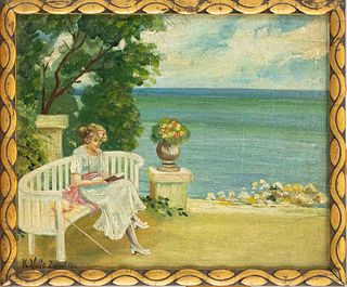 K. Nolte, 1st half 20th c., Lady on a park bench reading with a view of the Baltic Sea in Zappot (today Sopot), oil on cardboard, bottom left signed a