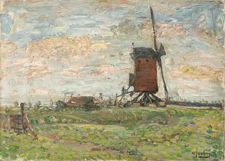 Olof Jernberg (1855-1935), German painter of the DÃ¼sseldorf School, Summer Landscape with Mill, oil on canvas, signed lower right, 32 x 45 cm