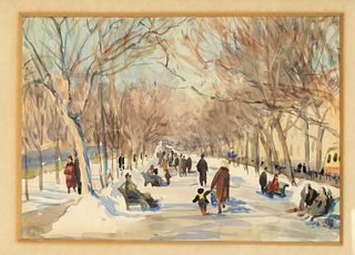 Unidentified painter mid-20th century, sunny winter day in populated park, watercolor on paper, lower right indistinctly signed and dated (19)57, 24 x