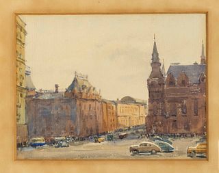 Anonymous painter mid-20th century, busy city intersection, watercolor on paper, unsigned, 25 x 32.5 cm, behind glass and passepartout framed 40 x 48 