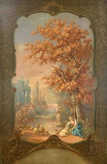 Anonymous painter around 1900, resting shepherdess in romantic park landscape framed by painted frame, oil on canvas, unsigned, minimally rubbed, 153 