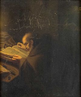 Anonymous painter of the 19th century, nocturnal reading. Monk in a dark in the parlor studying the Scriptures, in the right background window view of