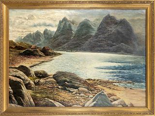 Anonymous Scandinavian painter 1st h. 20th c., large Norwegian fjord landscape with Postruten steamer, oil on canvas, unsigned, 82 x 115 cm, framed 96