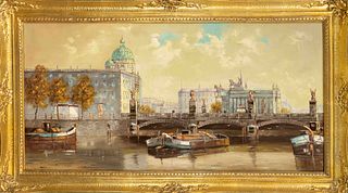 signed Herbert, 2nd half of the 20th century, panoramic view of Berlin with City Palace and Kaiser Wilhelm National Monument, oil on canvas, signed ''