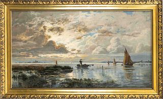 Anonymous painter c. 1910, Coastal scene with numerous boats under dramatic sky, oil on canvas, unsigned, 50 x 90 cm, framed 60 x 100 cm