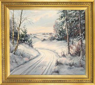 signed Ole Hegnikov, Danish painter mid-20th century, snowy landscape near Skorping in Denmark, oil on canvas, signed and inscribed lower right ''V/Sk