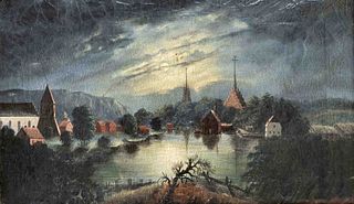 Anonymous, probably Swedish painter of the 19th century, night view of SÃ¶derkÃ¶ping, oil on canvas, unsigned, craquelÃ©, three patches with retouchin