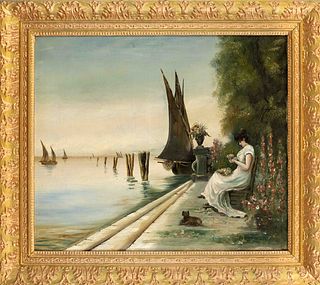 Anonymous painter c. 1900, Ital. Coastal scene with woman tying flowers, oil on canvas, unsigned, 46 x 55 cm, framed 58 x 67 cm