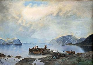 monogrammed H. Fm., end of 19th c., Fisherman on the lake shore, oil on canvas, monogrammed lower left, retusch. Tear, 47 x 68 cm, framed (bumped) 57 